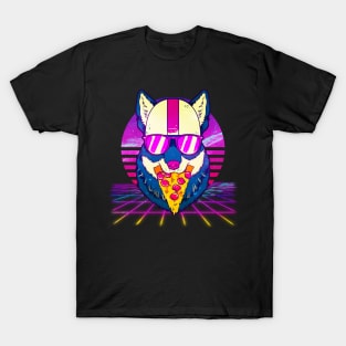 Awesome Retro Vaporwave EDM Cute Cat Pizza T-Shirt